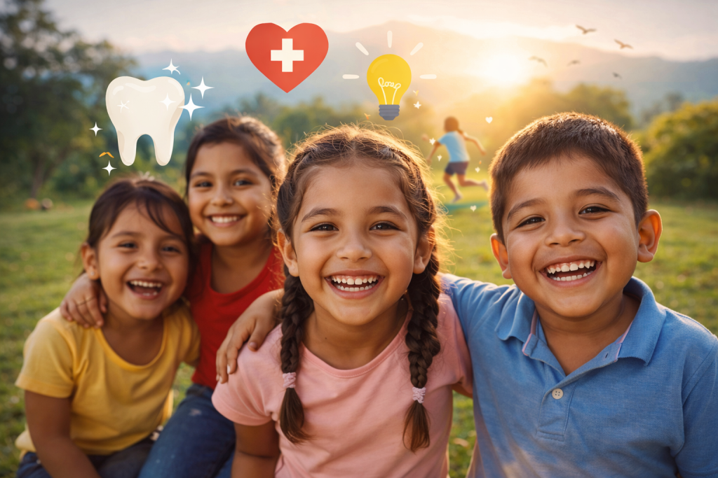 Sonrisas, cuidado dental, bienestar infantil, prevención temprana, atención comunitaria, inclusión en salud, apoyo profesional, impacto positivo.