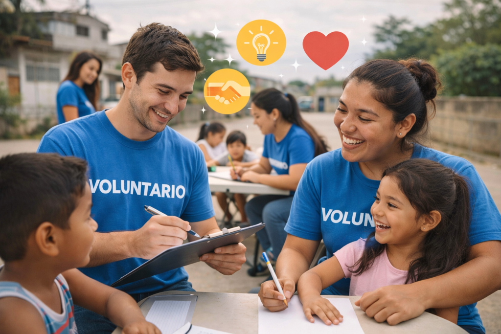 Voluntariado, impacto social, compromiso, solidaridad, apoyo comunitario, participación, cambio social, colaboración.